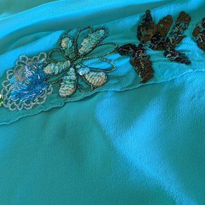 Sue Wong turquoise silk scarf with embroidery and sequins